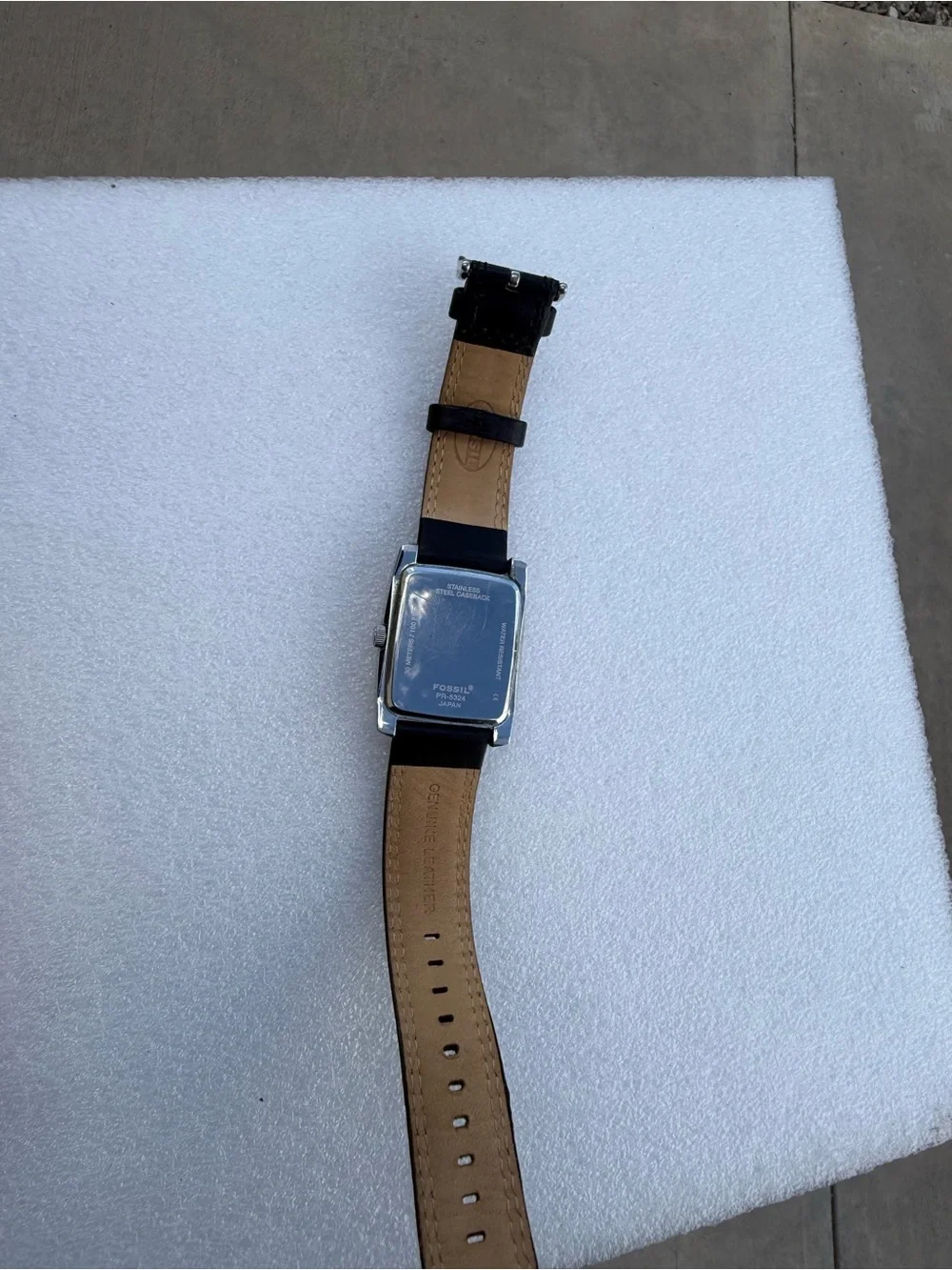 Fossil Silver-Tone Rectangular Watch with Black Leather Strap